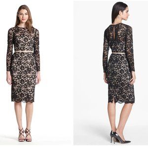 Maggy London Embroidered Lace Overlay Midi Dress, Black and Nude Size 2